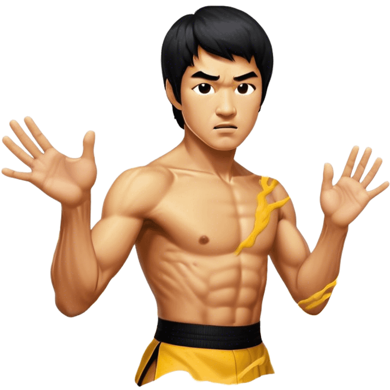 Cinematic Realistic Bruce Lee Portrait Emoji, depicted as a dynamic martial arts icon with an intense gaze and athletic physique caught in a fluid motion, rendered with vivid textures and energetic lighting that embodies his legendary prowess. emoji