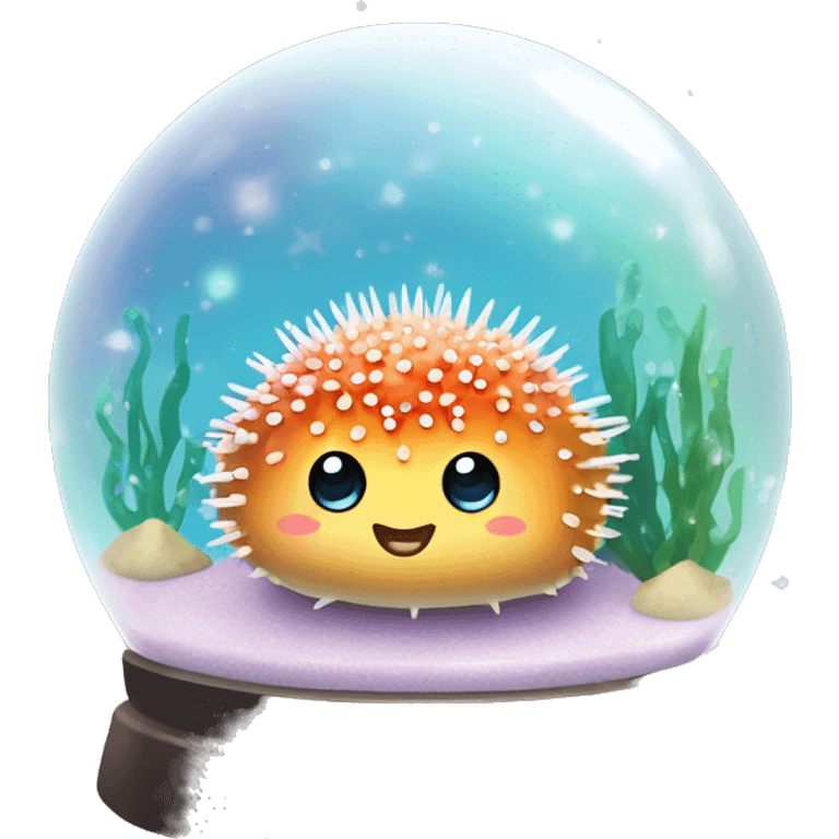 Kawaii rainbow pastel bedazzled sea urchin in an under the sea snow globe  emoji