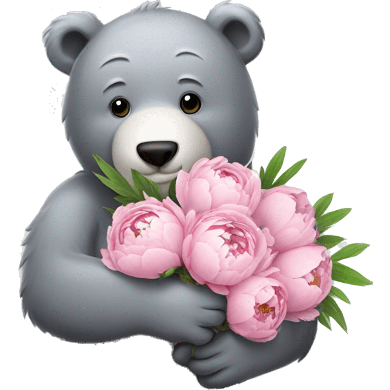 realistic-happy-grey-bear-hugging-Bouquet-of-peonies emoji