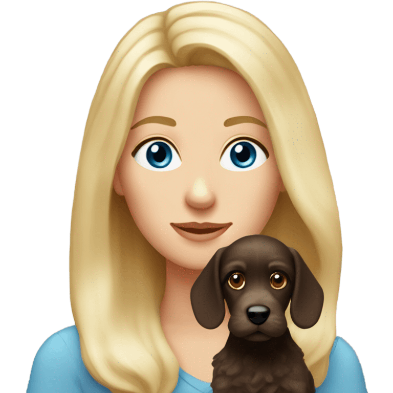 Old blue eyed blonde lady with long straight hair with dark brown Cockapoo puppy dog emoji