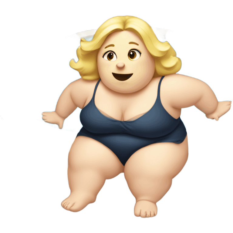 A very fat blonde girl at the pool which a fat dog emoji