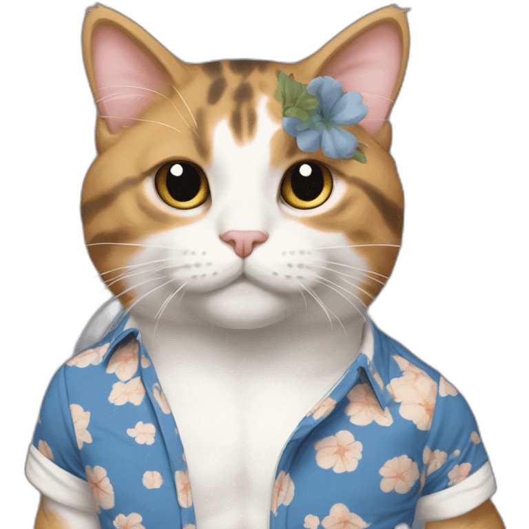 Purradise Meowscles is a buff calico cat  he has a mullet, a floral designed t shirt that is unbuttoned and blue and white stripped shorts emoji