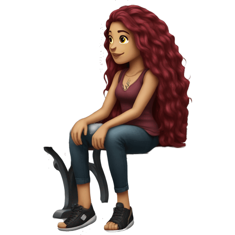 Beautiful tattooed burgundy long haired woman sitting on a bench emoji