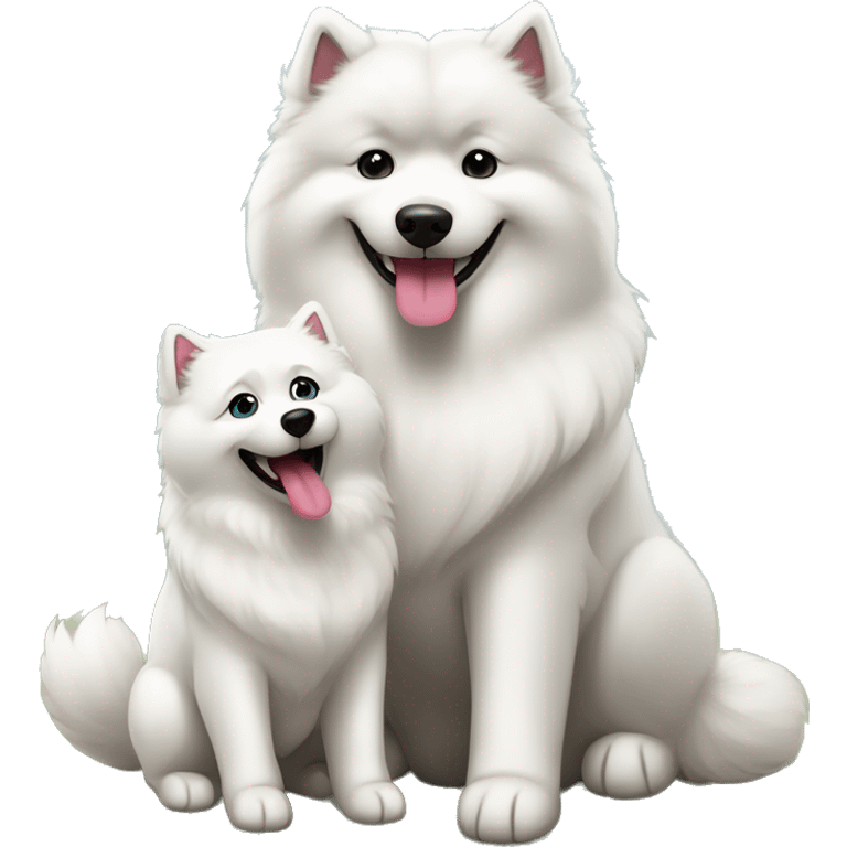 samoyed and malamute sitting together with their tongues out emoji