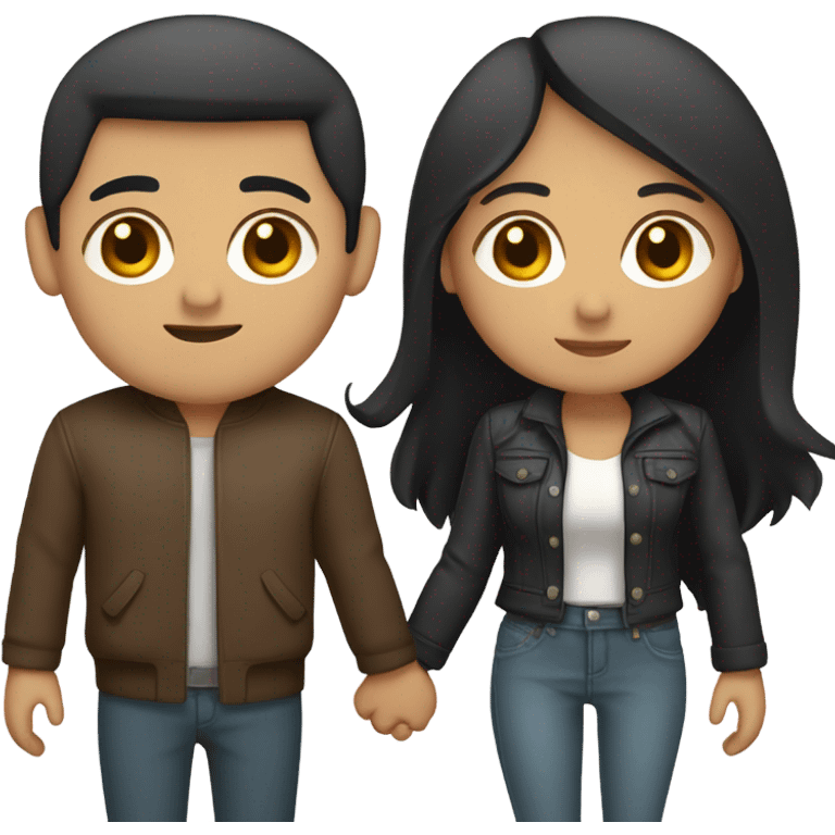 a couple holding hands. the guy has black middle part hair and is Persian and Filipino mix, wearing a jacket. the girl has brown medium length hair white and asian mix, wearing a crop top. emoji