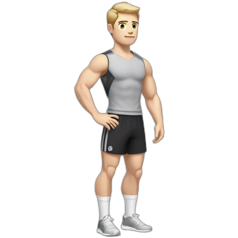 Pale skinned Fit Man With the biceps and dark brown hair in black shirt, gray sports shorts and white Sneakers Relies on the crossbar emoji