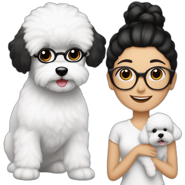 woman-black-hair-bun-with glasses-with bichon dog-white-smile-Christmas emoji