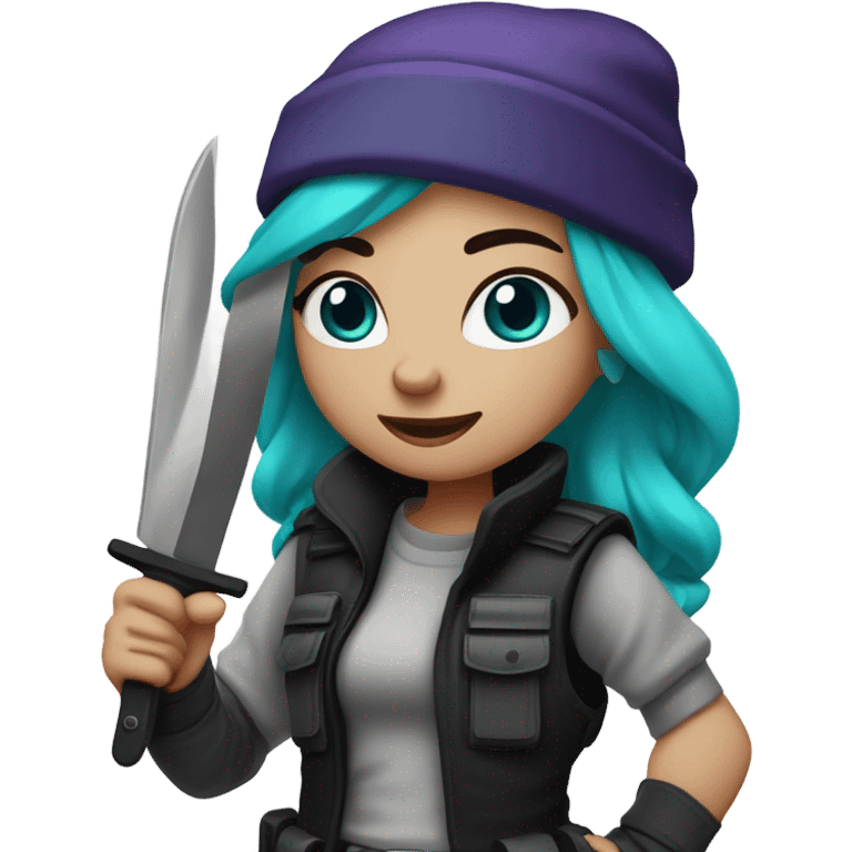 Girl, white skin, tactical vest, dark pants, long teal purple hair, blue eyes, black beanie hat, knife, black combat boots emoji