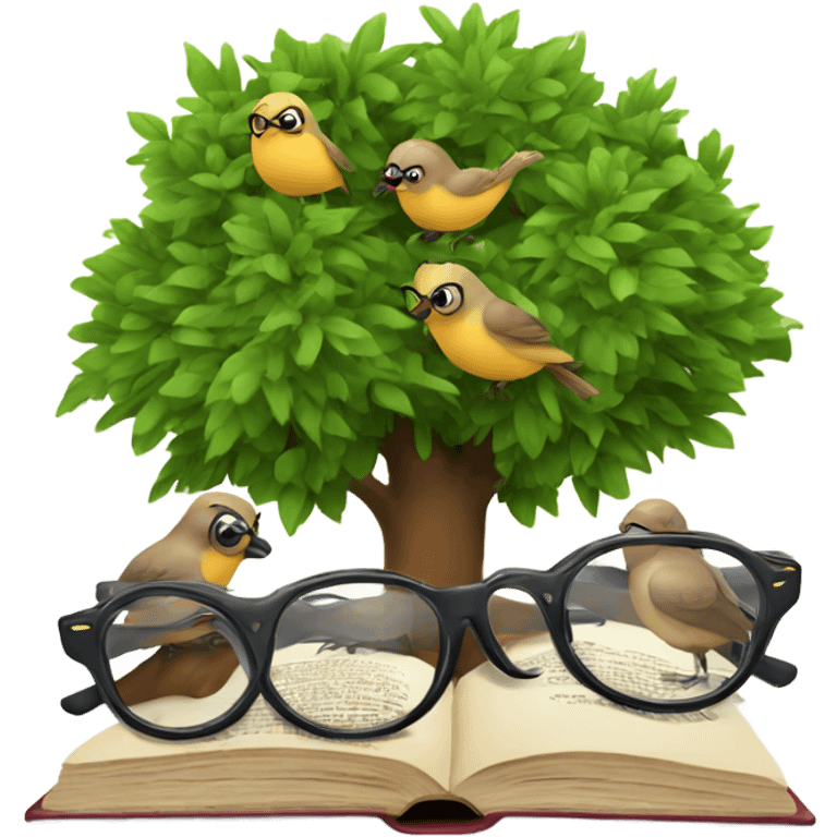 three birds in a tree but one of them using glasses and a book emoji