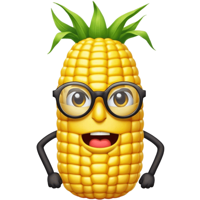 A cartoony corn with black limbs and a face with glasses on that is mad emoji