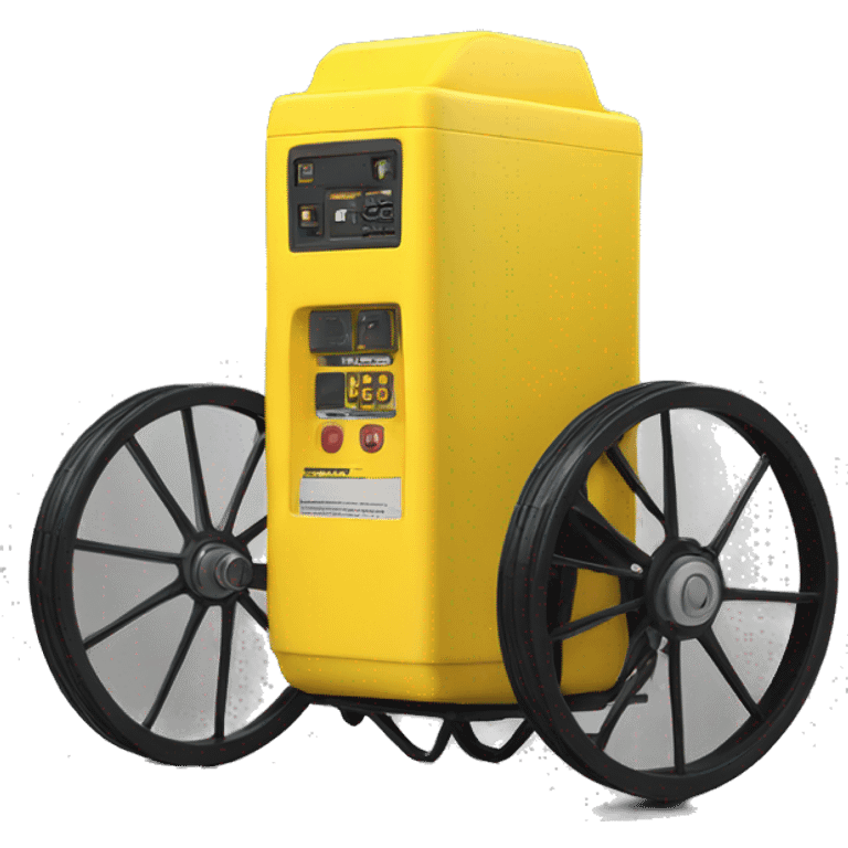 Large Champion generator 9000 ,yellow with black cage and has 2 wheels and 2 legs emoji