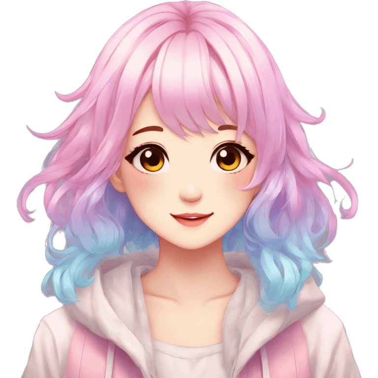 Gorgeous anime style shojo character with blushing face aesthetic and pretty colorful shiny gradient pastel hair with hair garment trending style emoji