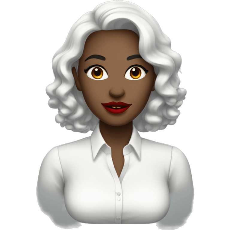 White skin woman wearing a white blouse with black shoulder length wavy hair with brown eyes wearing bright red lipstick on her lips emoji