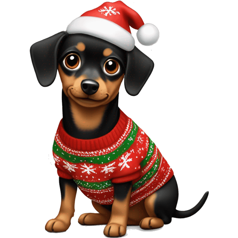 Tan and black Chiweenie wearing Christmas sweater emoji