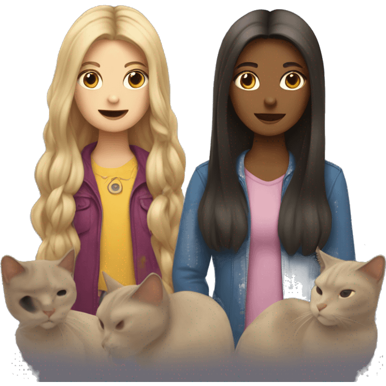 Two long hair girls and two cats in their hands emoji