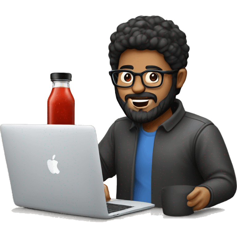 Designer with black hair, beard and glasses working with MacBook and ketchup bottles emoji