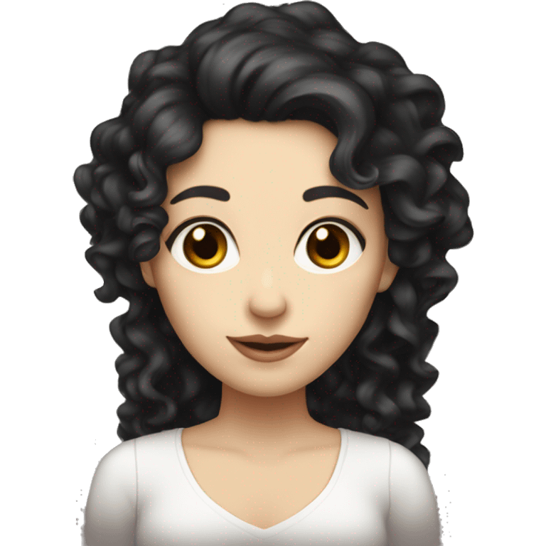 Lady with white skin and long curly black hair and brown eyes and pretty emoji