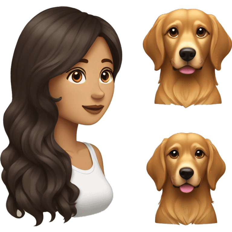 Mujer morena de pelo largo y liso de color marrón oscuro con un perro golden retriver emoji