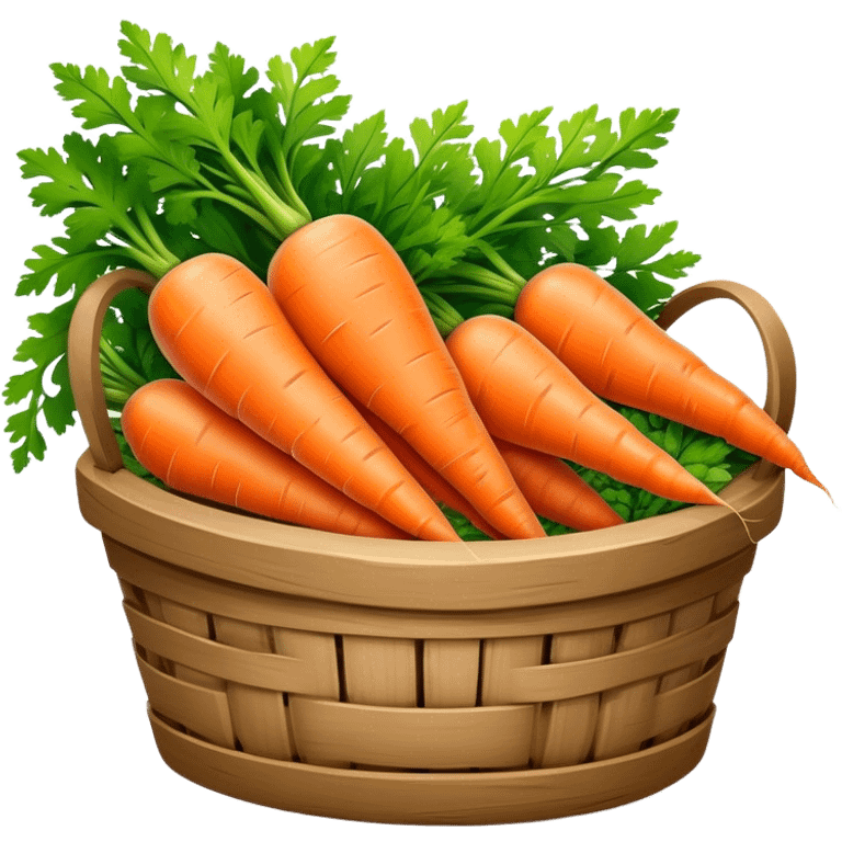 Cinematic vibrant orange carrot, crisp and fresh, slightly twisted with green leafy tops, arranged in a rustic wooden basket, natural and inviting. emoji