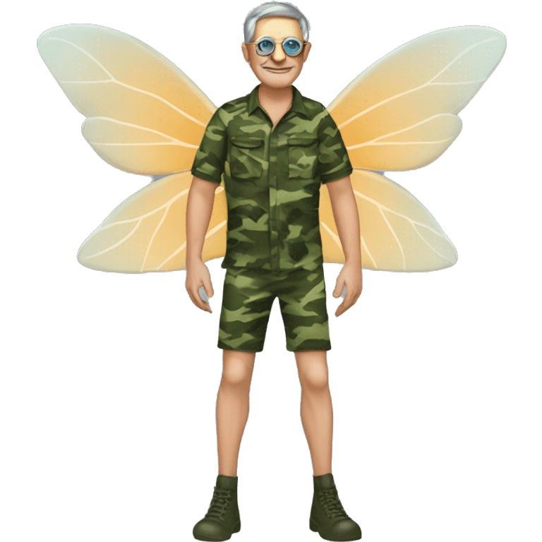 a middle aged madwith fairy wings, and swimming fippers. have him dresed in camo emoji