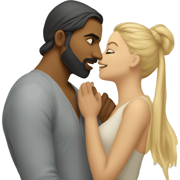 blonde woman with indian man that has a beard and long hair in a ponytail, romantic kiss under tree emoji