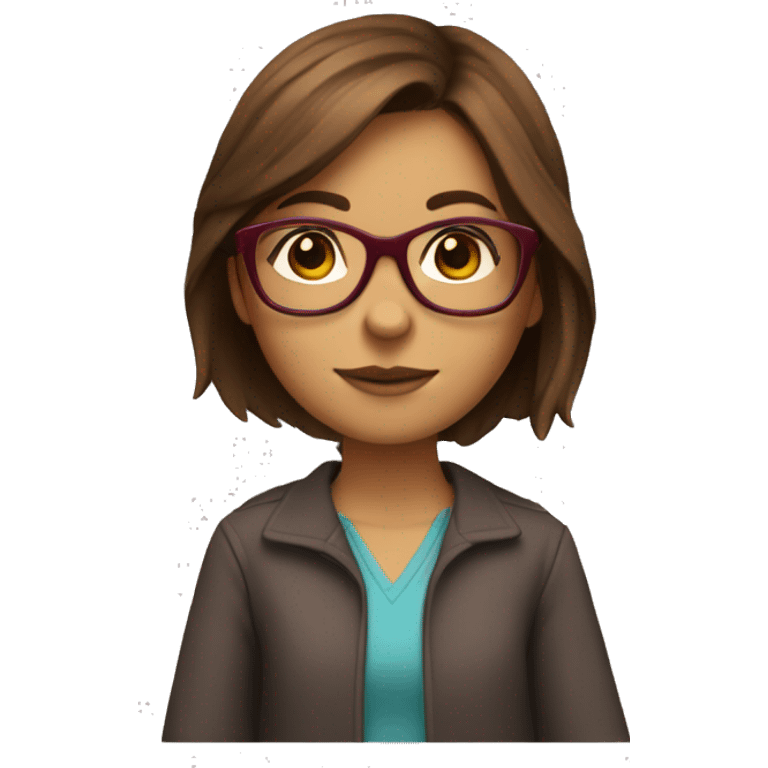 Girl with brown hair wearing Bordeaux red glasses studying  emoji