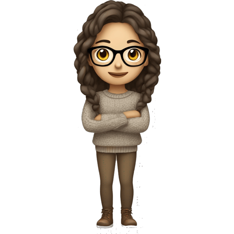 hispanic girl, long brown hair, brown eyes, full body, glasses, young, winter sweater emoji