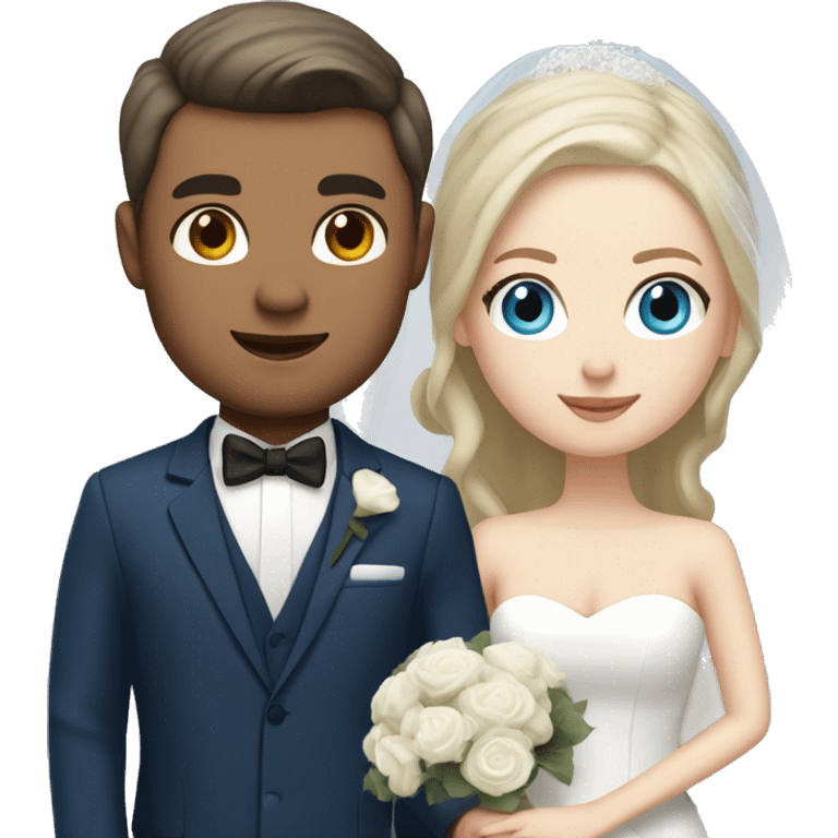 Wedding couple, groom white skin with dark brown hair and dark brown eyes, bride with white skin blonde hair up and blue eyes and veil and dark blue suit emoji