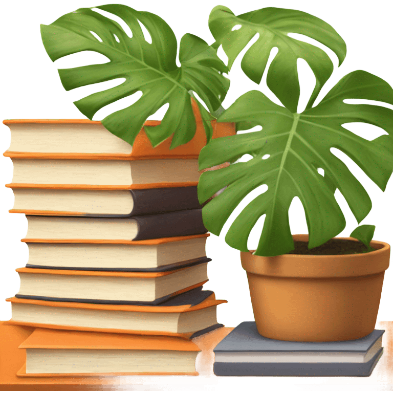 An aesthetically pleasing stack of books with orange covers and behind them a potted monstera  emoji