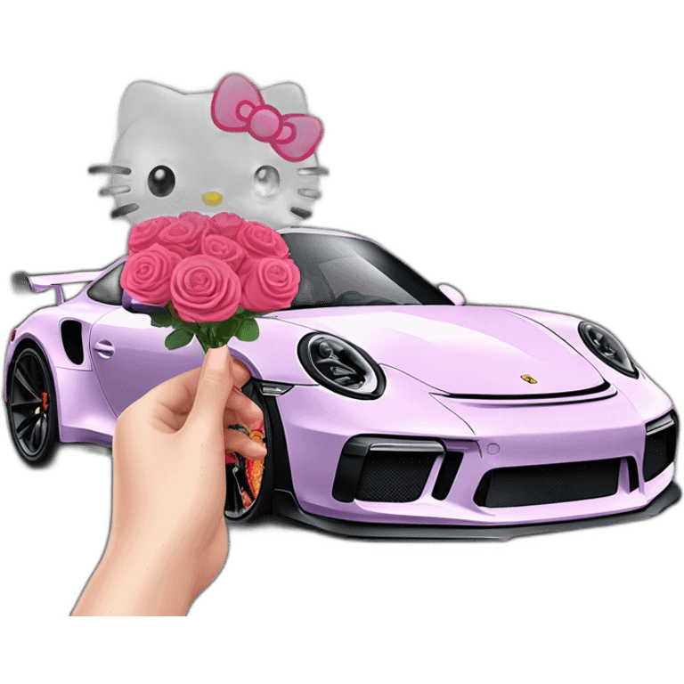 Hello kitty in porsche 911 gt3rs and bouquet of rose red in the hand emoji