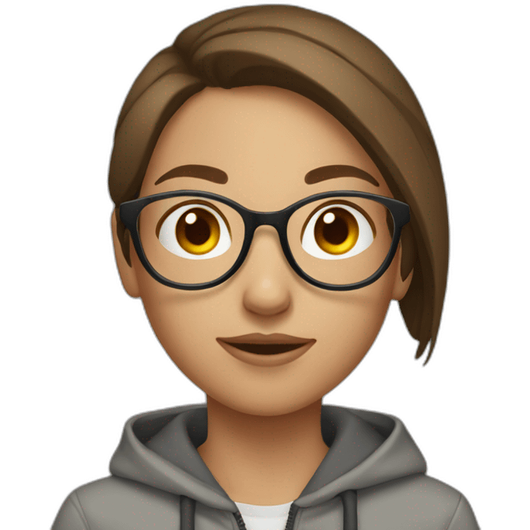 Girl wirh Brown hair and round glasses and a grey hoodie and cargo pants emoji