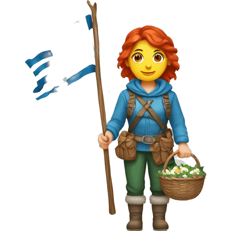 red hair female winter mountaineer with Easter basket and Greek flag emoji