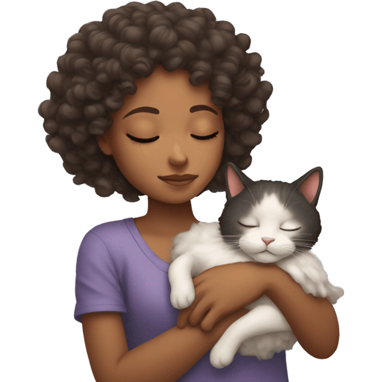 sleeping girl with curly hair holding a cat emoji