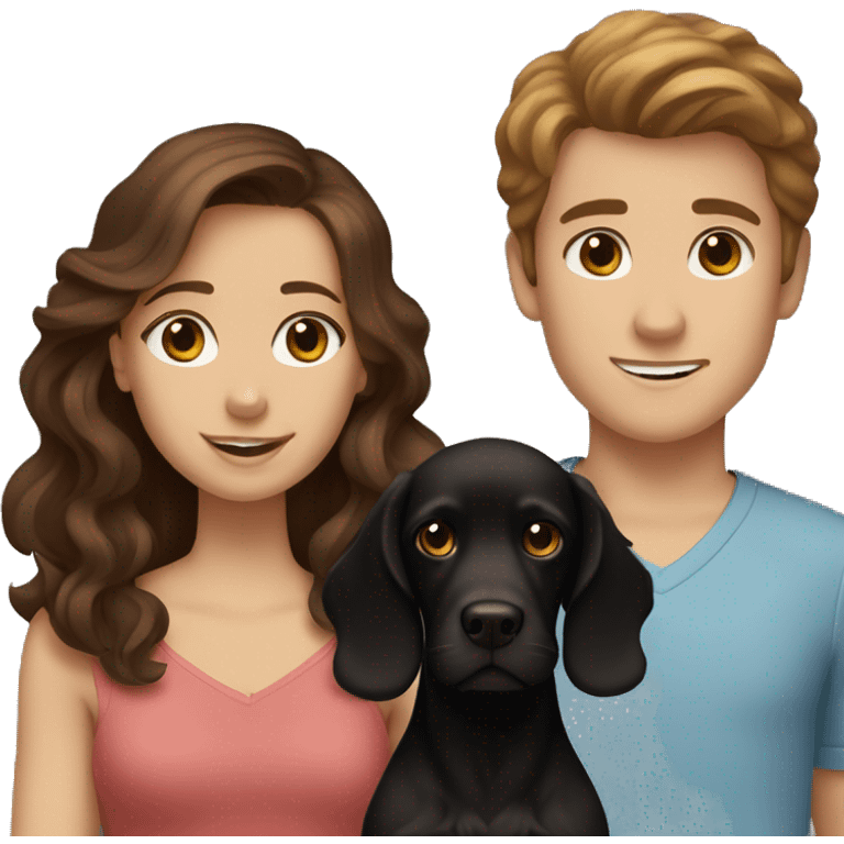 brown-haired girl and brown-haired boy with a black cocker spaniel emoji