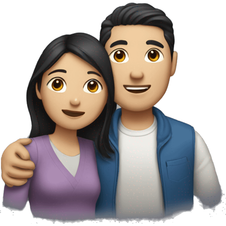 Two white asian couple with dark hair hugging emoji