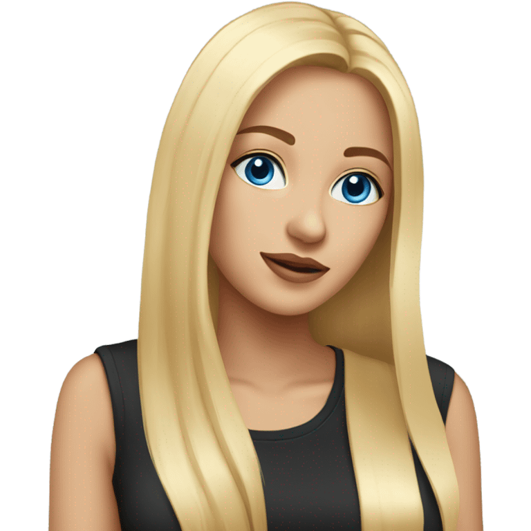 beautiful woman, long straight blonde hair, blue eyes, black t shirt emoji