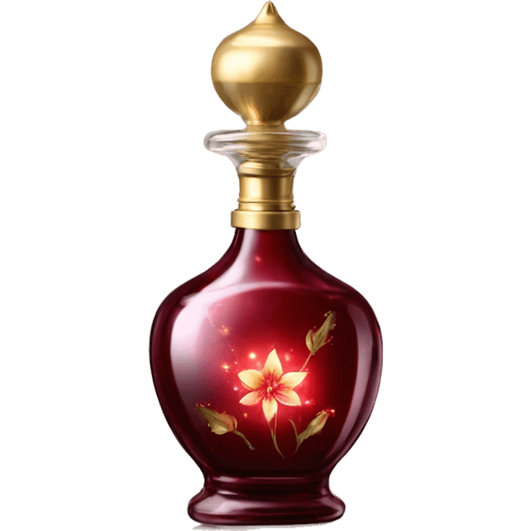 Dark red magic fairy light sparkling old Antique oil perfume bottle with herbal and flowers emoji