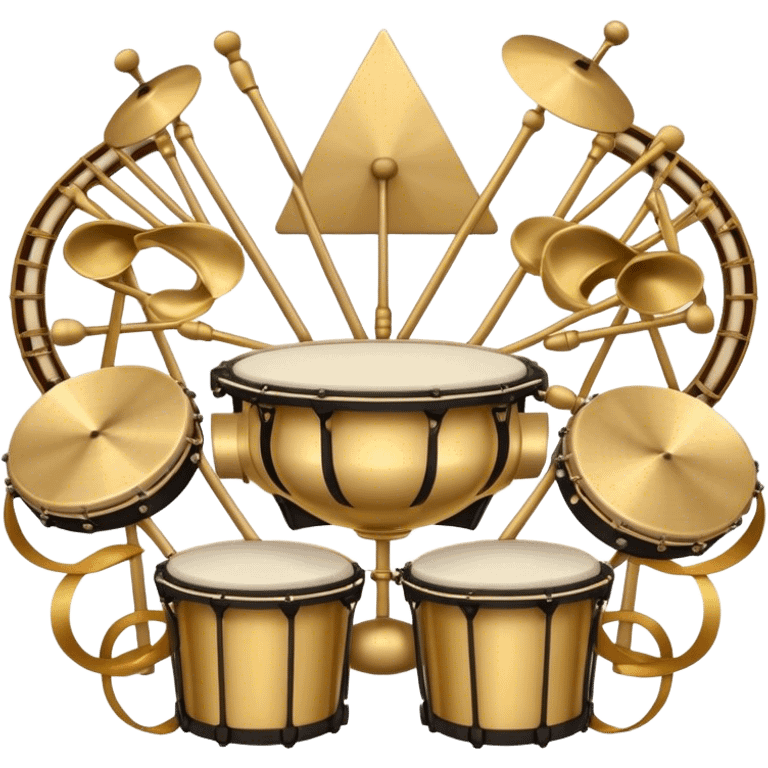 Create a heraldic, festive, and professional emblem-like emoji representing percussion instruments. The design should resemble a traditional crest, featuring a variety of percussion instruments such as cymbals, triangle, tambourine, maracas, timpani, bongo drums, and other traditional folk percussion instruments. Arrange them symmetrically, with cymbals crossing each other, the triangle at the center, and timpani or bongo drums flanking the sides. Include tambourines and maracas prominently, adding rhythm and texture. A flowing ribbon of musical notes should elegantly weave through the instruments, enhancing the sense of movement and celebration. Add intricate decorative patterns on the instruments, along with ornamental swirls, laurels, or flourishes to elevate the festive and heraldic feel. The overall composition should be balanced, harmonious, and visually striking, with an elegant and professional look. The background should be transparent. emoji