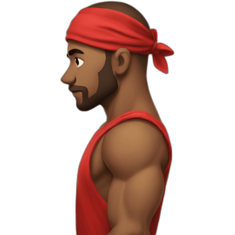 muscular man in red bandana standing sideways turns his head to face the viewer,his hand is bent in the elbow,torso emoji