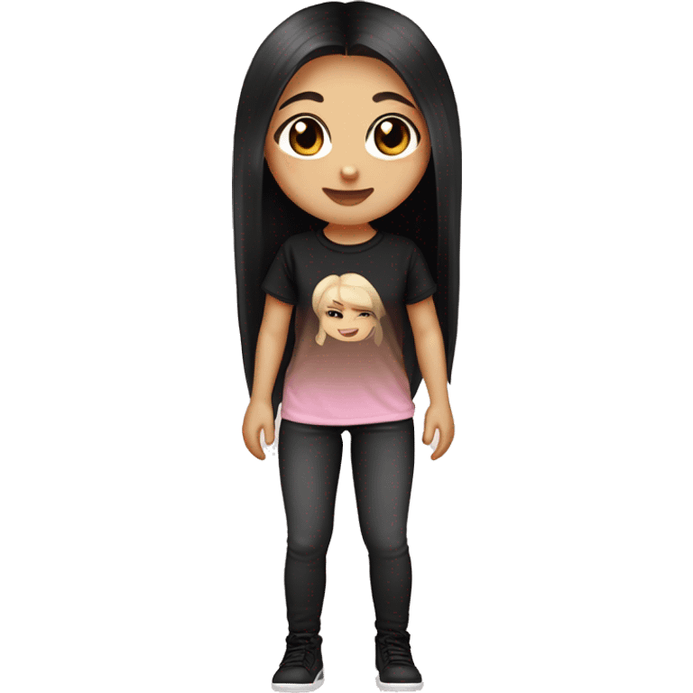 Slavic girl, light skin, long eye lashes, pink beige lips, brown eyes, long black-to-blonde ombre straight hair, black T-shirt, chibi, smiling. emoji