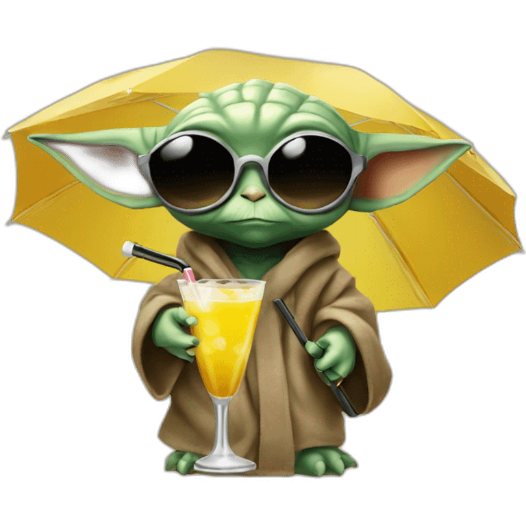 baby Yoda wearing sunglasses and drinking an umbrella cocktail emoji