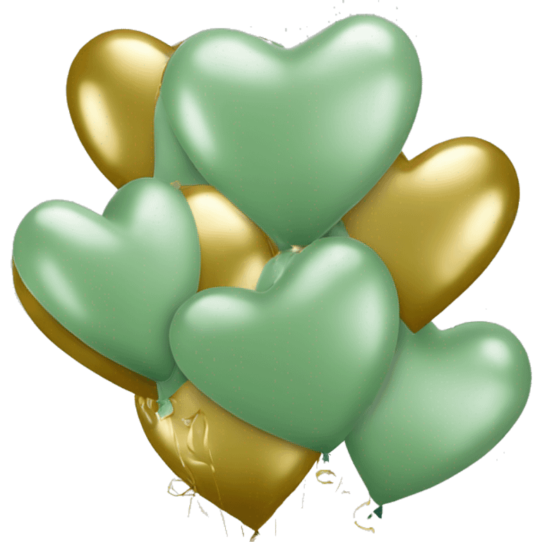 Aesthetic sage green 3 heart shaped balloons with gold ribbons emoji