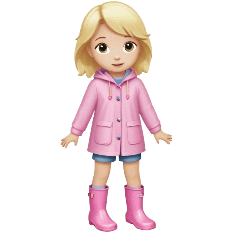 Blonde little girl in light pink rain boots in puddle emoji