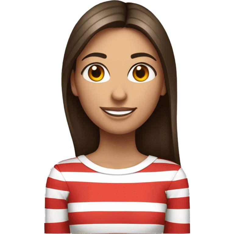 Portrait of an adult girl, tanned skin, dark long straight brown hair, dark eyes, smiling, wearing a white long sleeve with red horizontal thin stripes. emoji