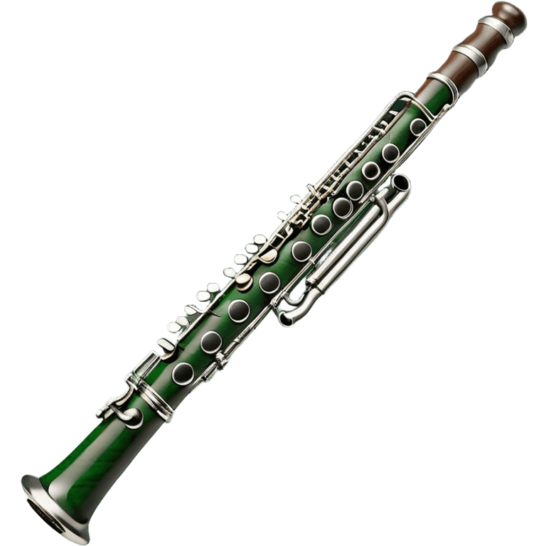 Create an elegant and refined emoji representing the Buffet Crampon Legende Green Line A clarinet. The design should showcase the sleek, dark wood finish of the clarinet with its shiny metal keys and elegant detailing. Include the distinct, high-quality features of the Green Line model, such as the unique greenish tint of the wood, giving it a modern and sophisticated look. Add subtle elements like the mouthpiece with the reed, emphasizing its importance in sound production. Use dark tones like ebony, silver for the keys, and soft light reflections to evoke a professional, classical feel. The background should be transparent. emoji