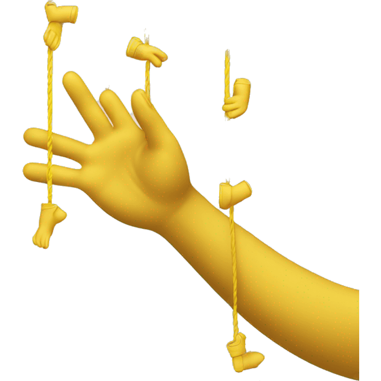 A hand with yellow skin holding several puppet strings, with the strings hanging down loosely. The hand is positioned above in a puppet-master gesture, showing control, but no figures or objects are attached to the strings. emoji