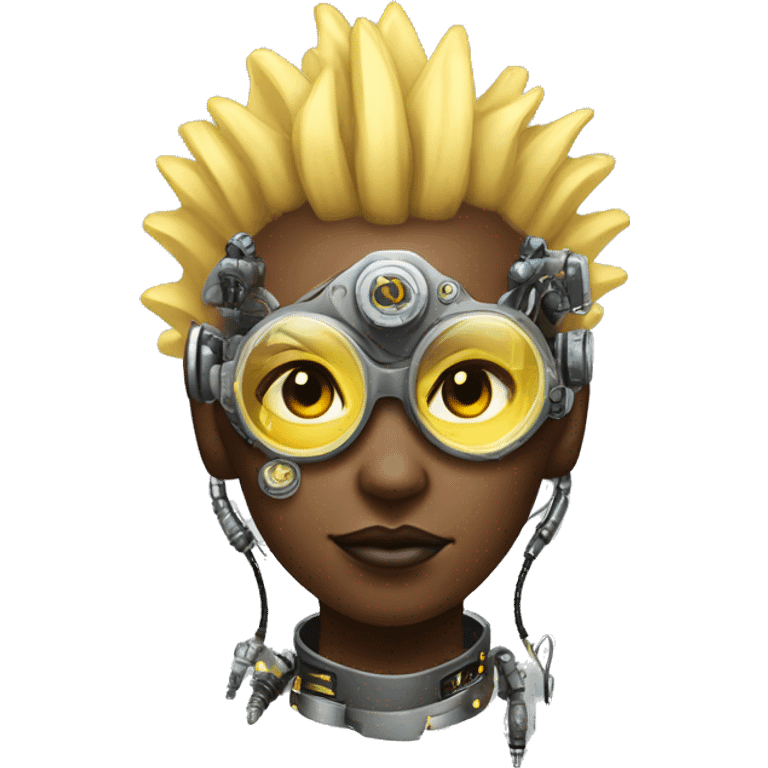 Light yellow Mohawk hair female cyborg head, dark skin, steampunk goggles and circuits emoji