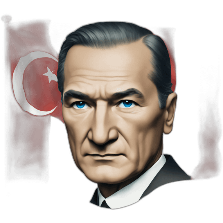 a portrait of mustafa kemal ataturk with blue eyes looking at turkey flag emoji