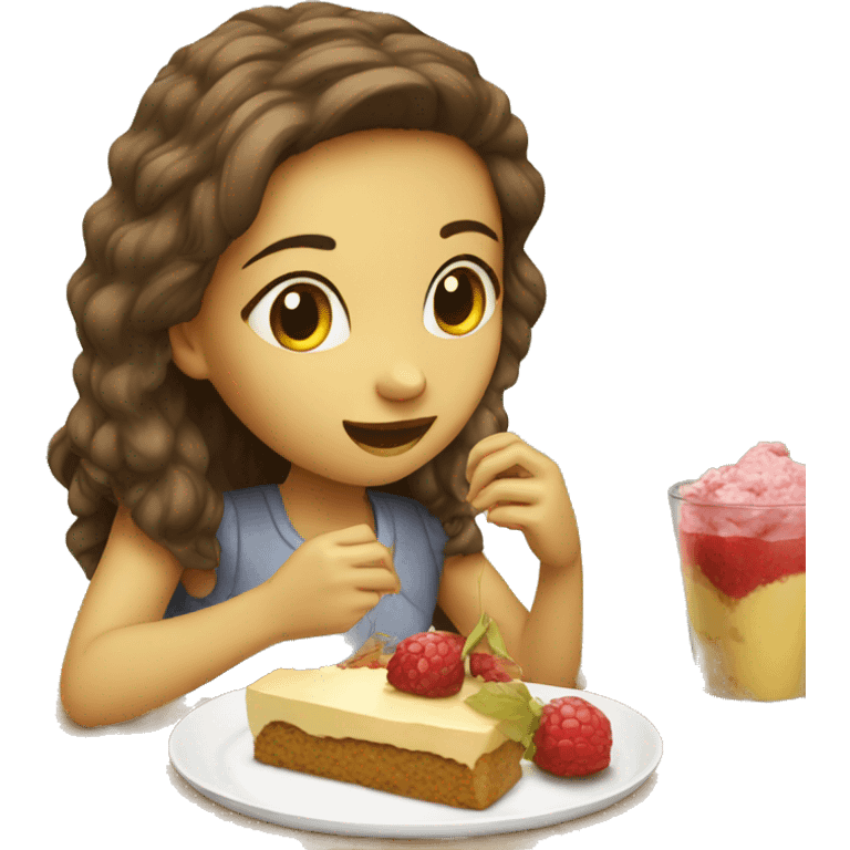 Girl eating desert on a table emoji