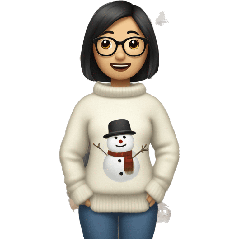 Asian woman with GLASSES AND bob, WEARING A frosty snowman sweater AND  shaking a cowbell emoji